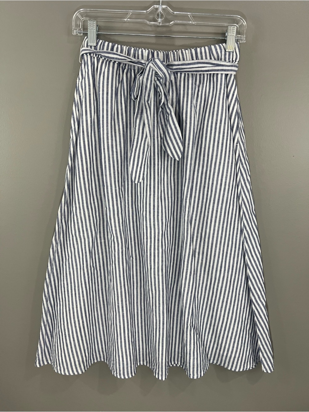 Talbots NWT Striped Blue & White Tie-Waist Midi Skirt Petite linen cotton blend
